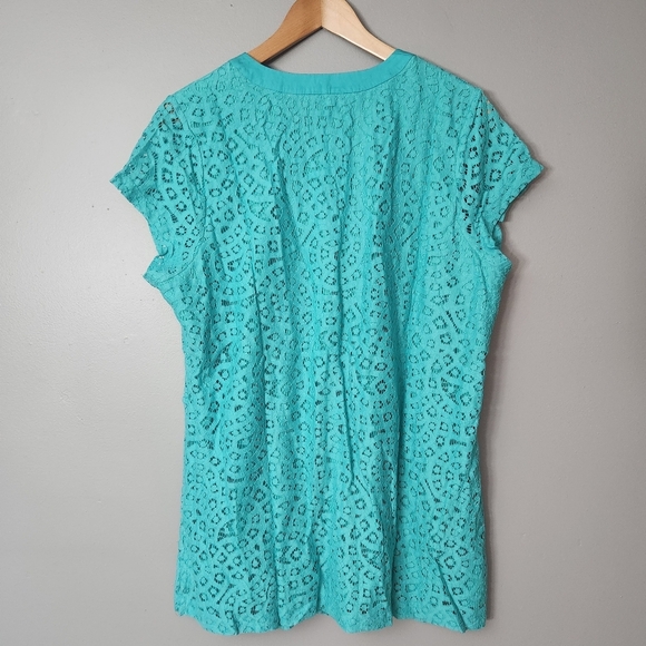 Isaac Mizrahi Live Cap Sleeve Top Women 1X teal torquise Boho lace overlay - Picture 3 of 11